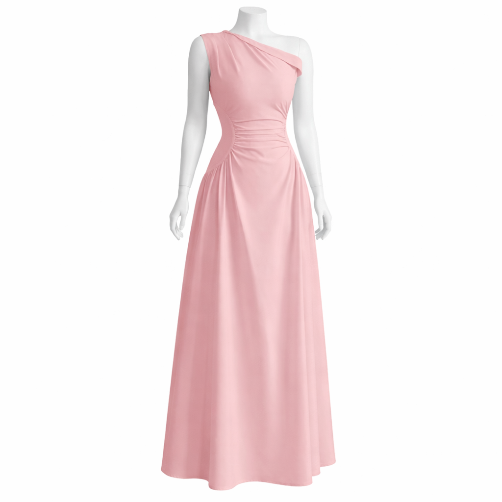 Blush Aura Asymmetrical Ruched Maxi Dress