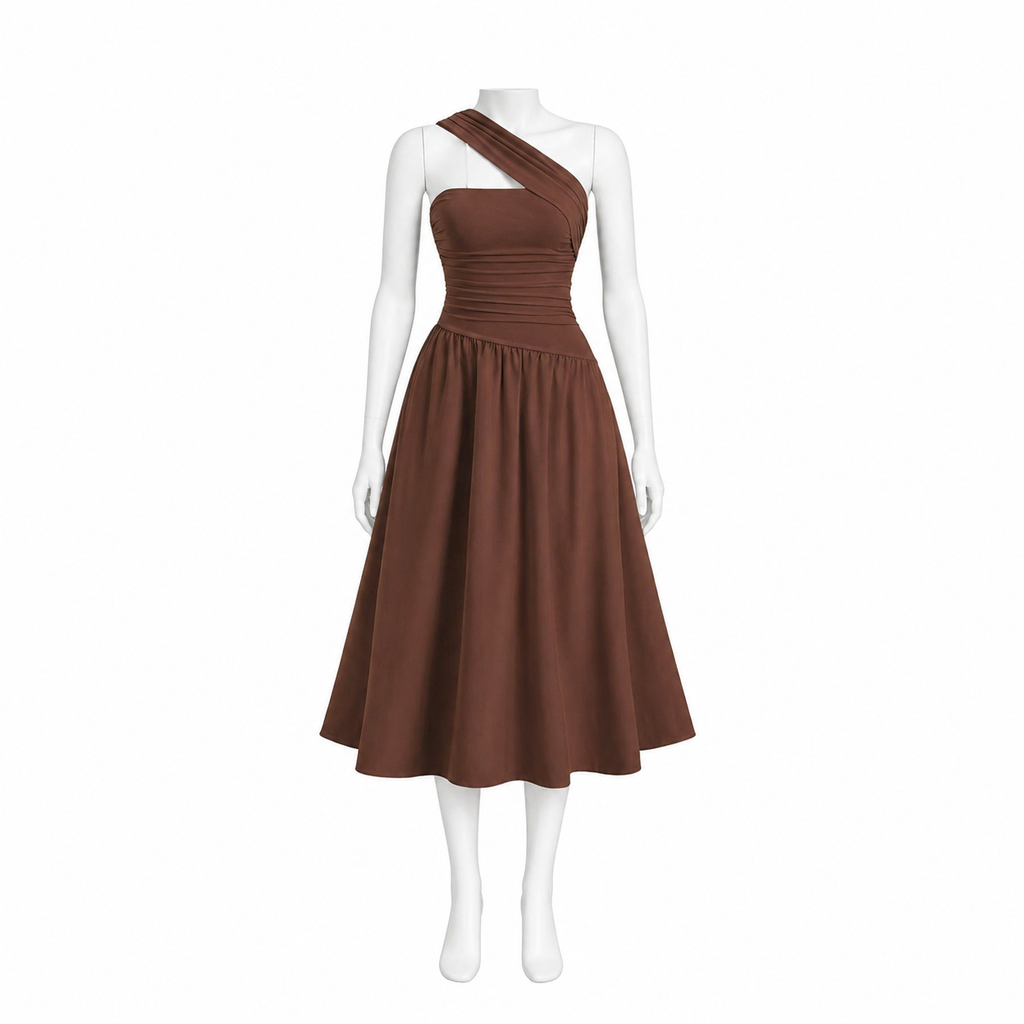 Rust Elegance One-Shoulder Midi Dress