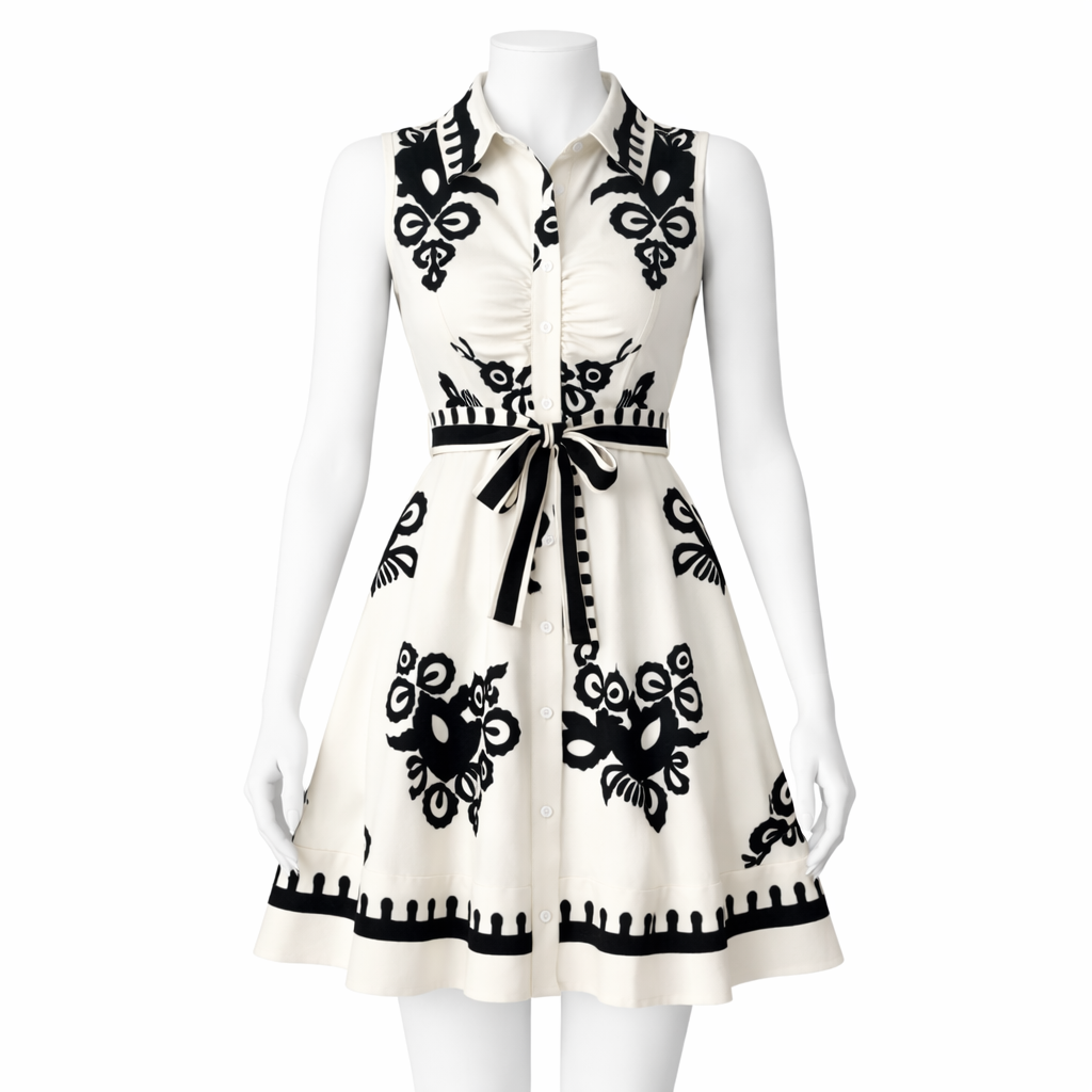 Apricot Floral Belted Collared A-Line Mini Dress