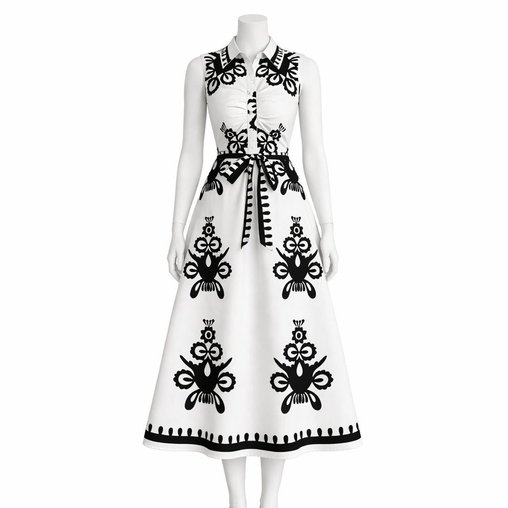 Apricot Noir Belted Graphic Midi Dress