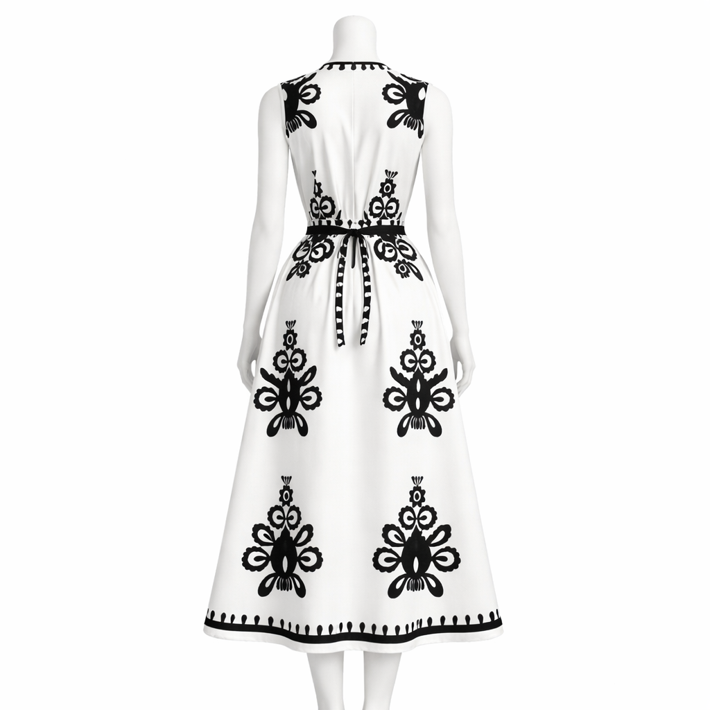 Apricot Noir Belted Graphic Midi Dress