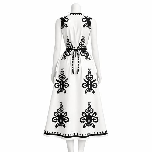Apricot Noir Belted Graphic Midi Dress