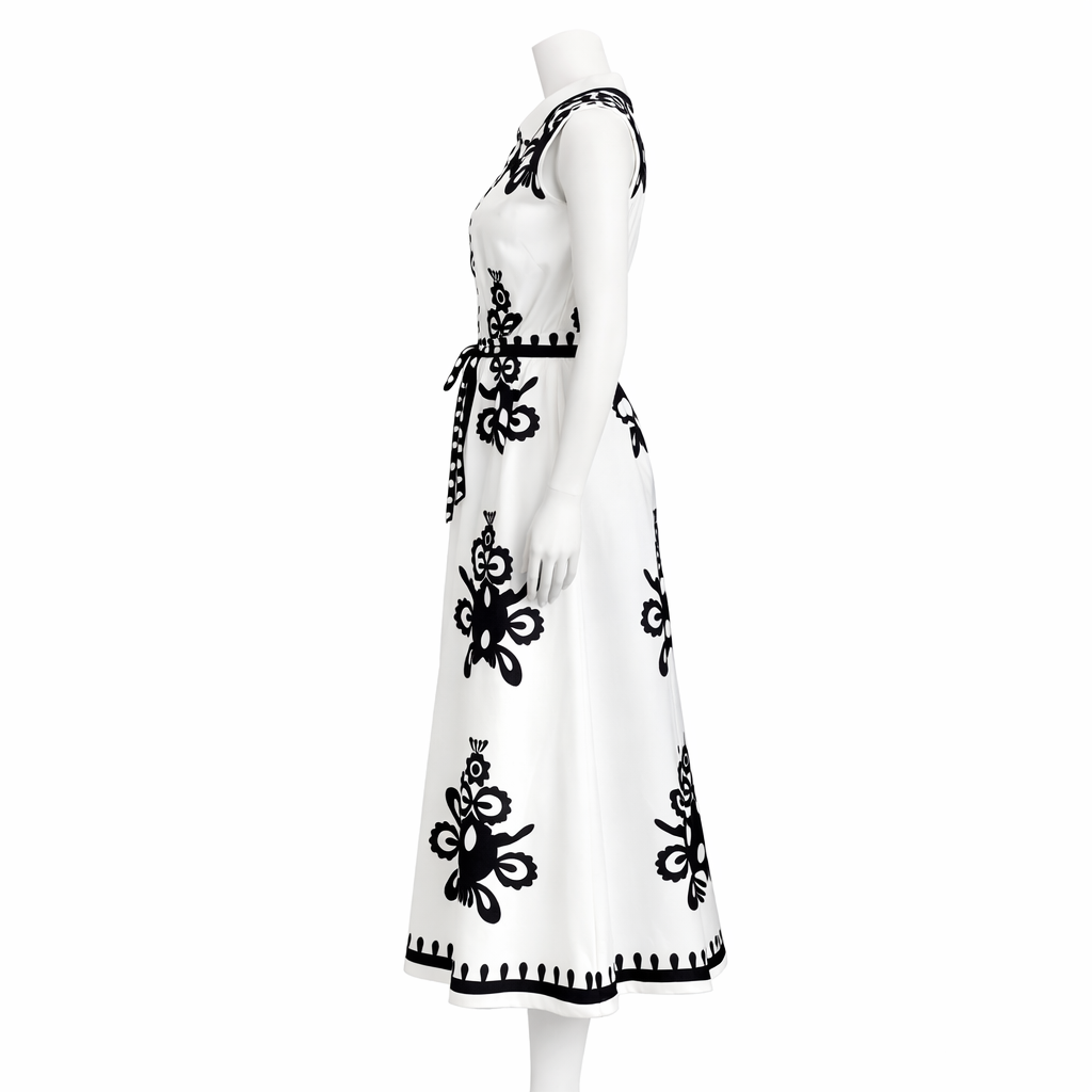 Apricot Noir Belted Graphic Midi Dress