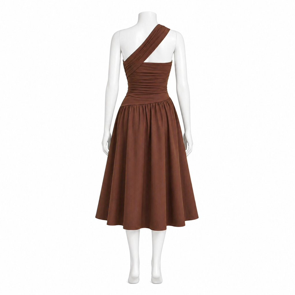 Rust Elegance One-Shoulder Midi Dress