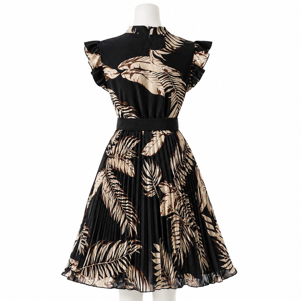 Midnight Palm Pleated Couture Dress